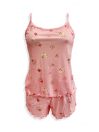 BROCK BELLE COM'ELLE pink ribbed pajama set with bear and flower print, featuring a camisole top and matching shorts.