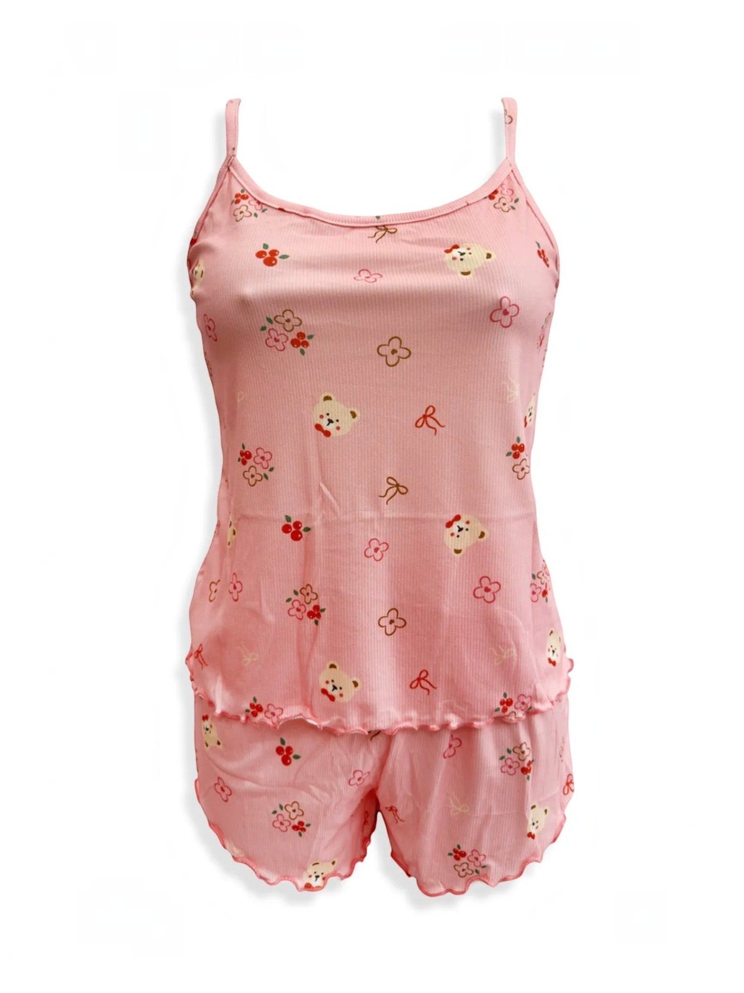 BROCK BELLE COM'ELLE pink ribbed pajama set with bear and flower print, featuring a camisole top and matching shorts.