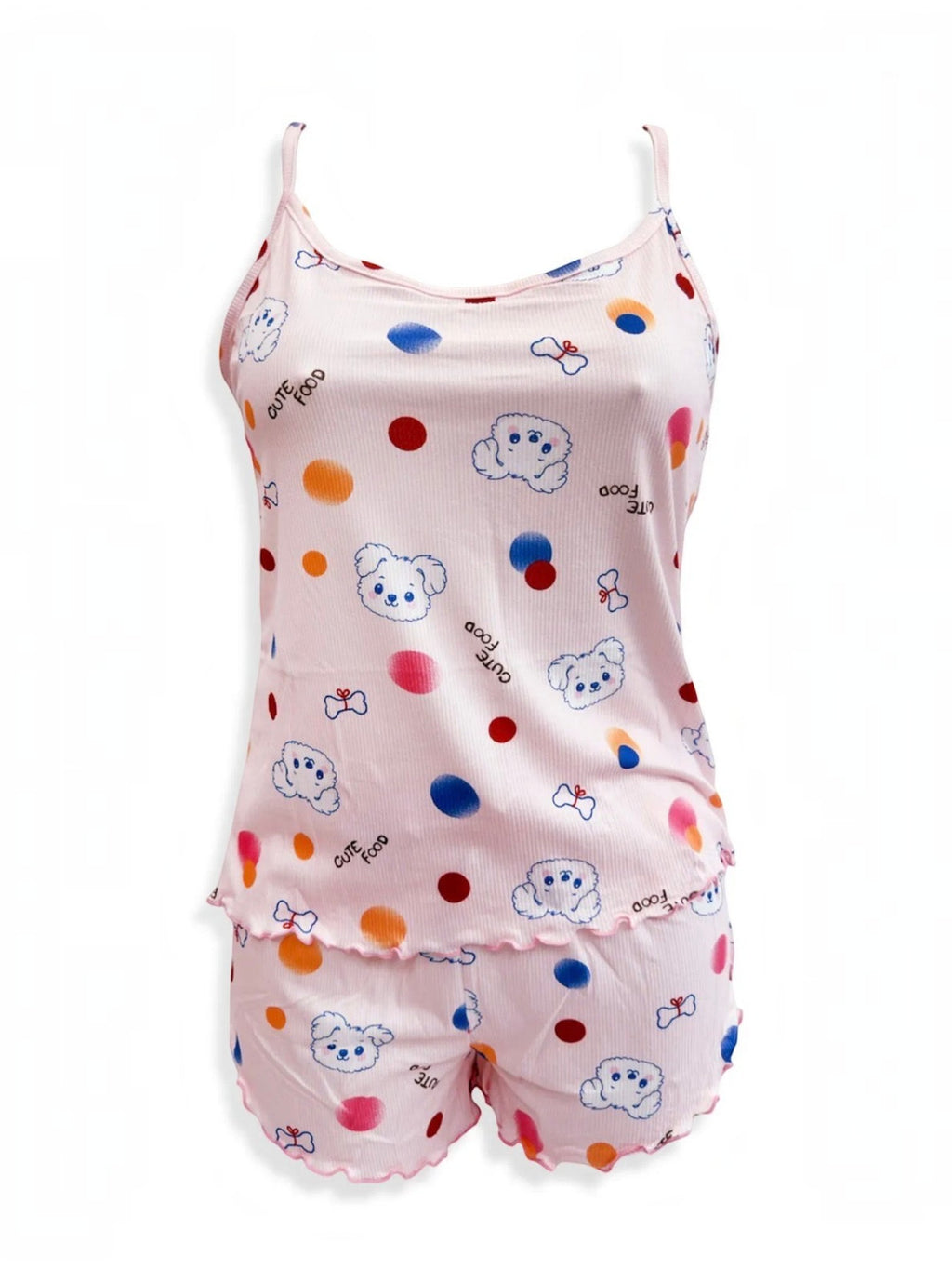BROCK BELLE COM'ELLE pink ribbed pajama set with cute bear and polka dot print, featuring a camisole and shorts.