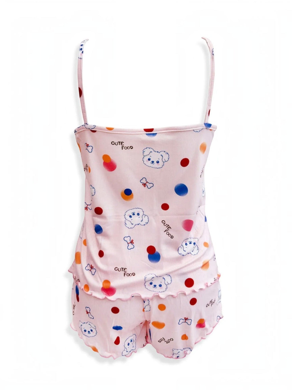 BROCK BELLE COM'ELLE pink ribbed pajama set with cute puppy and polka dot print, featuring a camisole and shorts.