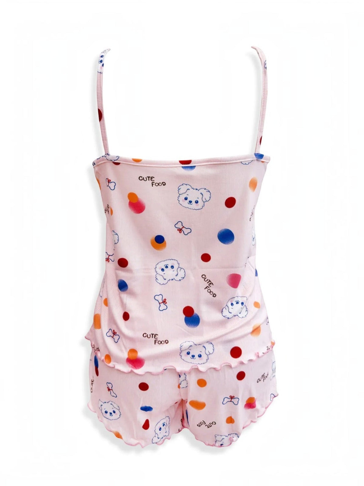 BROCK BELLE COM'ELLE pink ribbed pajama set with cute puppy and polka dot print, featuring a camisole and shorts.