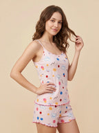 BROCK BELLE COM'ELLE pink ribbed pajama set with cute bear and polka dot print, featuring a camisole and shorts.