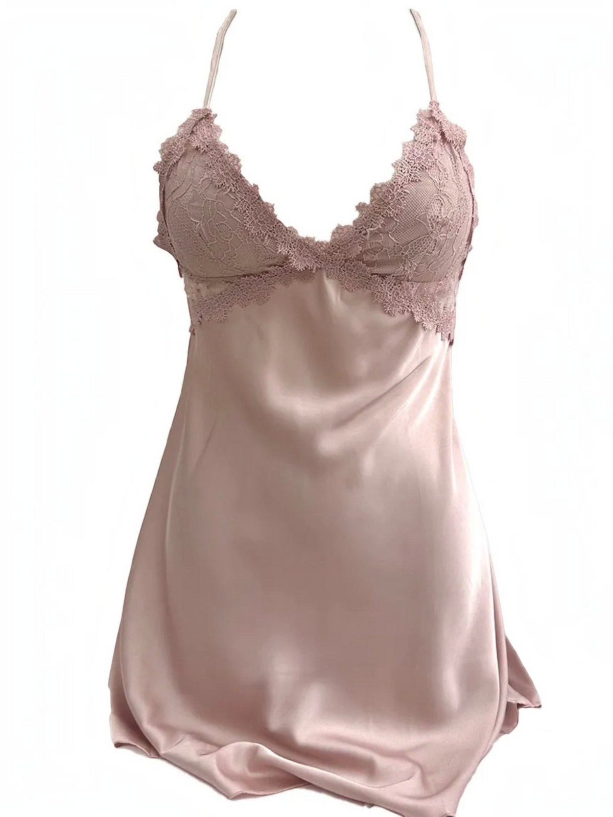 BROCK BELLE COM'ELLE dusty pink satin nightie with delicate lace trim and adjustable crisscross back straps