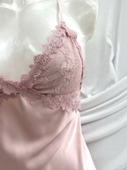 BROCK BELLE COM'ELLE pink satin nightie with delicate lace trim on the bodice and thin adjustable straps