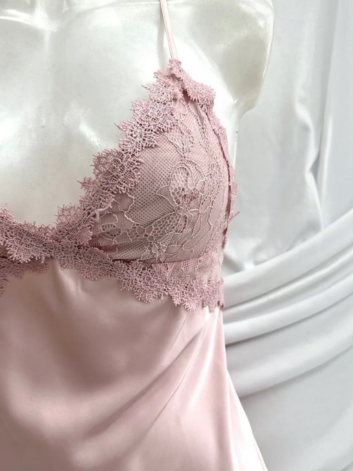 BROCK BELLE COM'ELLE pink satin nightie with delicate lace trim on the bodice and thin adjustable straps
