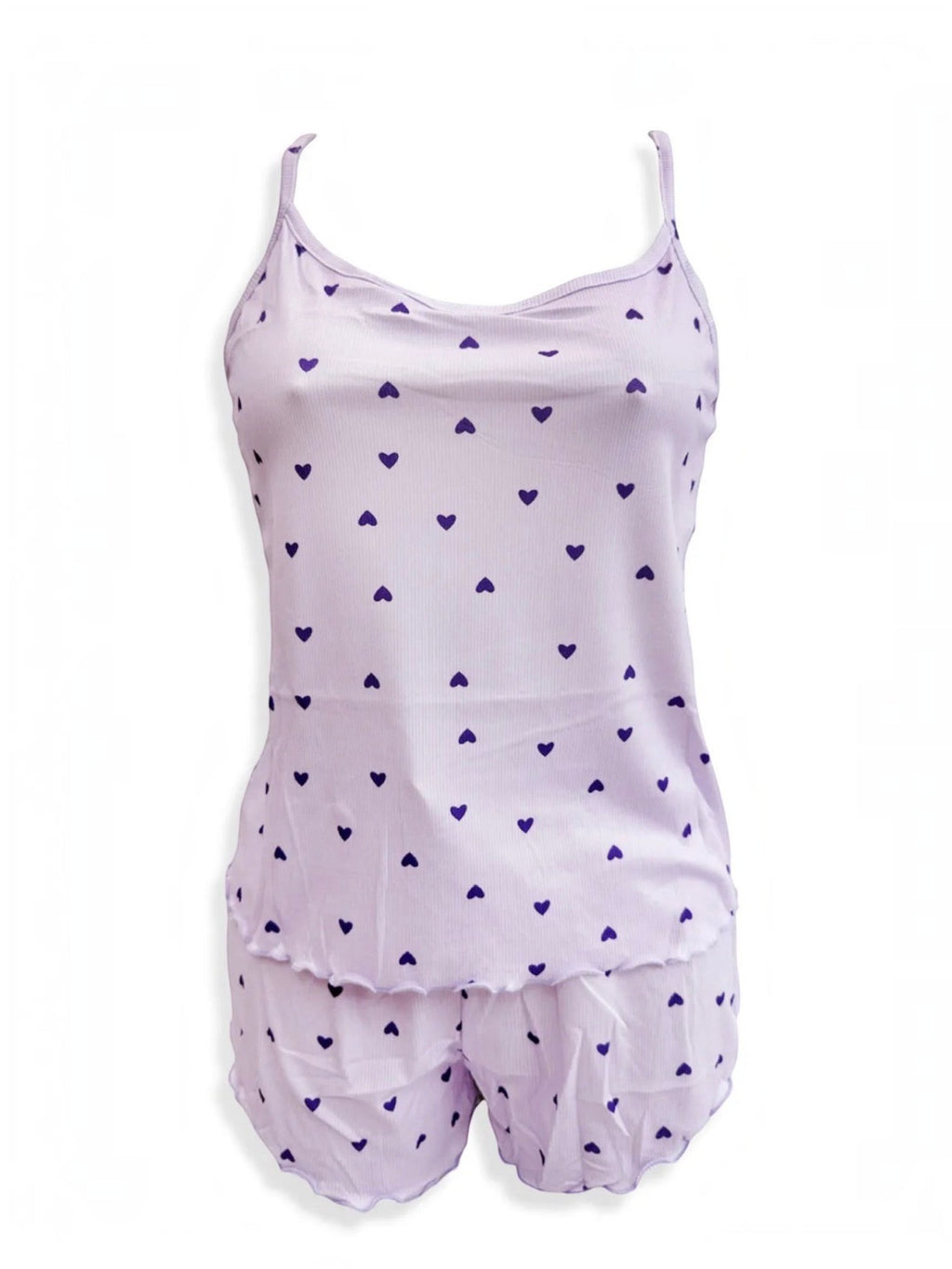 BROCK BELLE COM'ELLE ribbed pajama set in light purple with dark purple heart print, featuring tank top and shorts.
