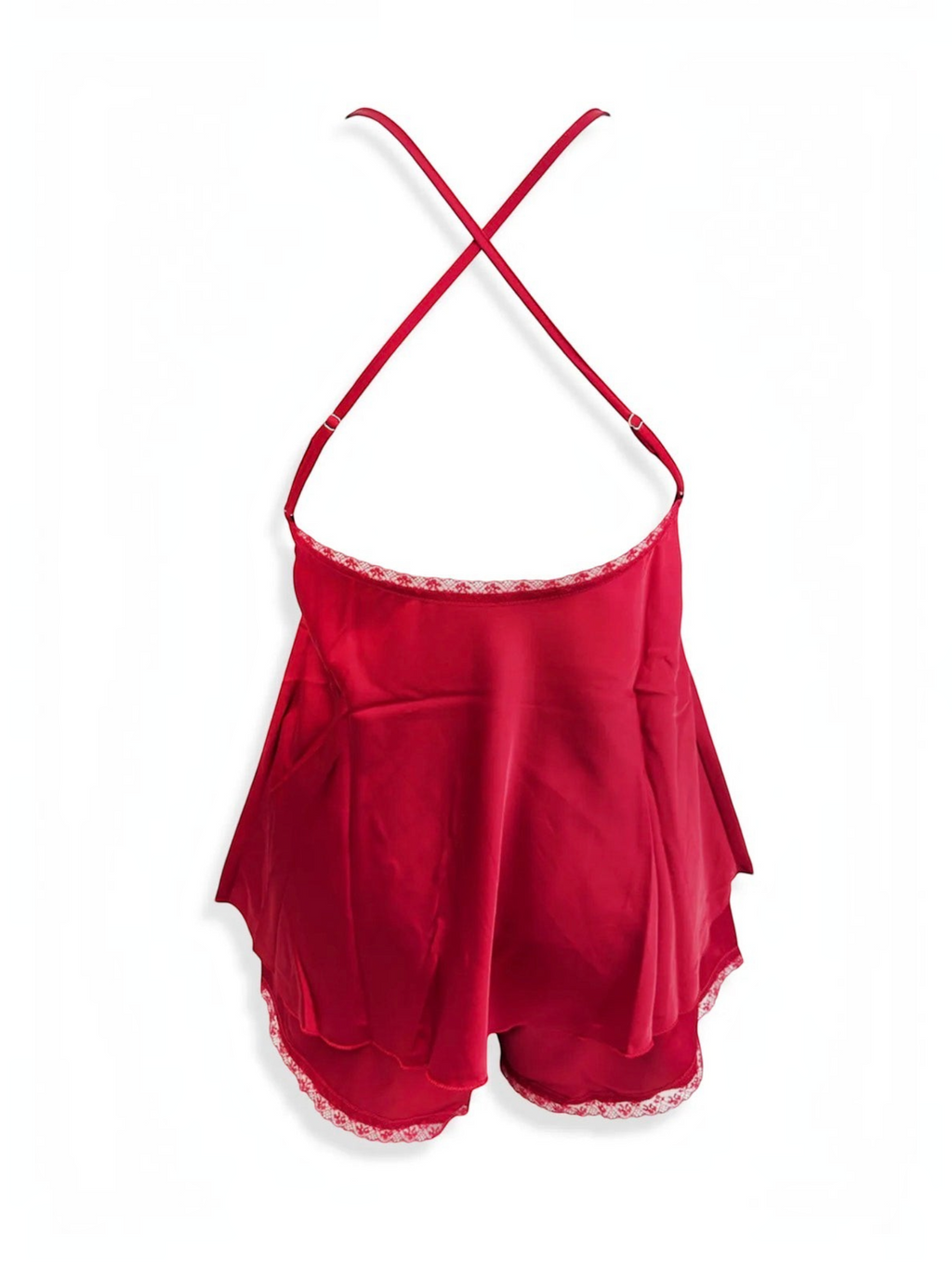 BROCK BELLE COM'ELLE red satin pajama set with camisole top featuring adjustable crisscross straps and matching shorts