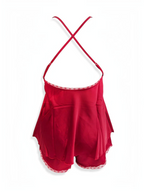 BROCK BELLE COM'ELLE red satin pajama set with camisole top featuring adjustable crisscross straps and matching shorts
