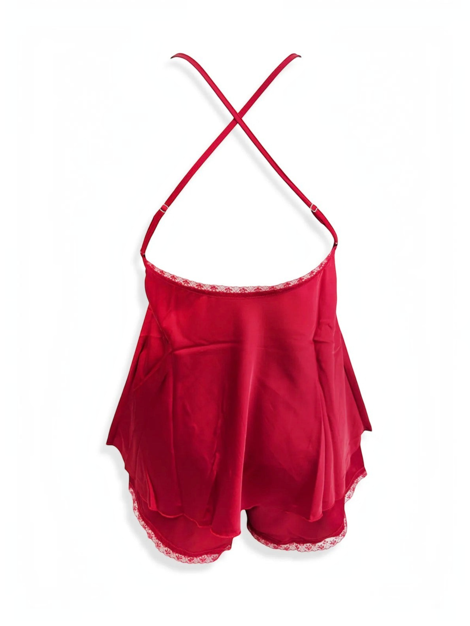 BROCK BELLE COM'ELLE red satin pajama set with camisole top featuring adjustable crisscross straps and matching shorts
