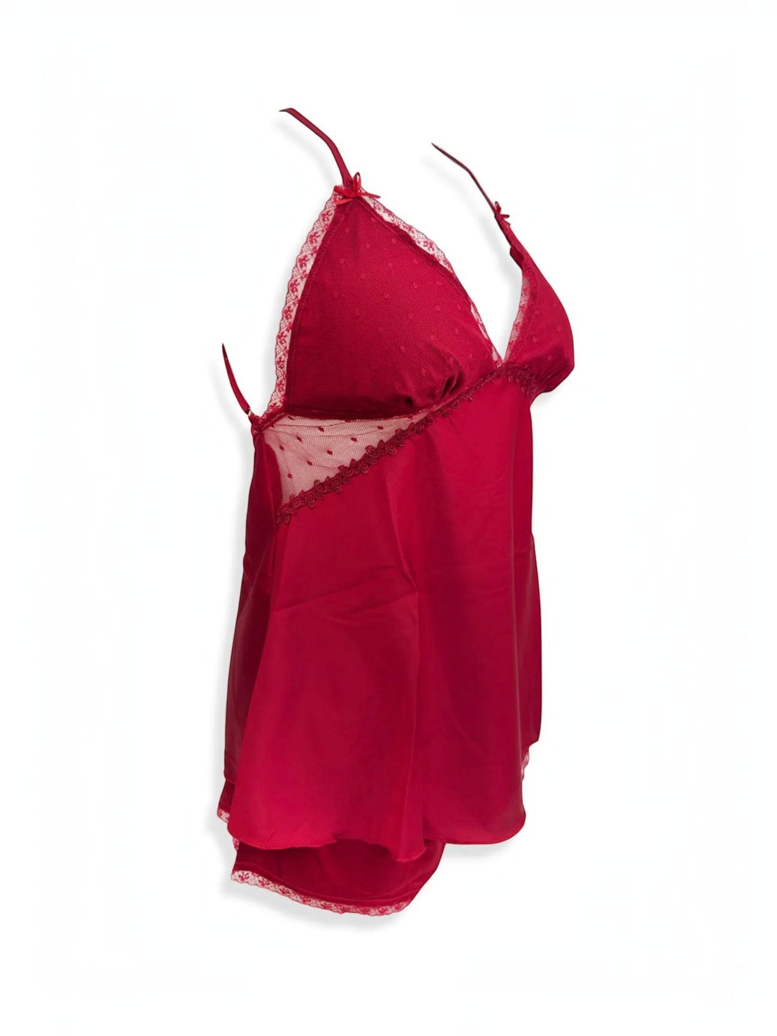 BROCK BELLE COM'ELLE red satin pyjama set with lace trim, camisole top and matching shorts.