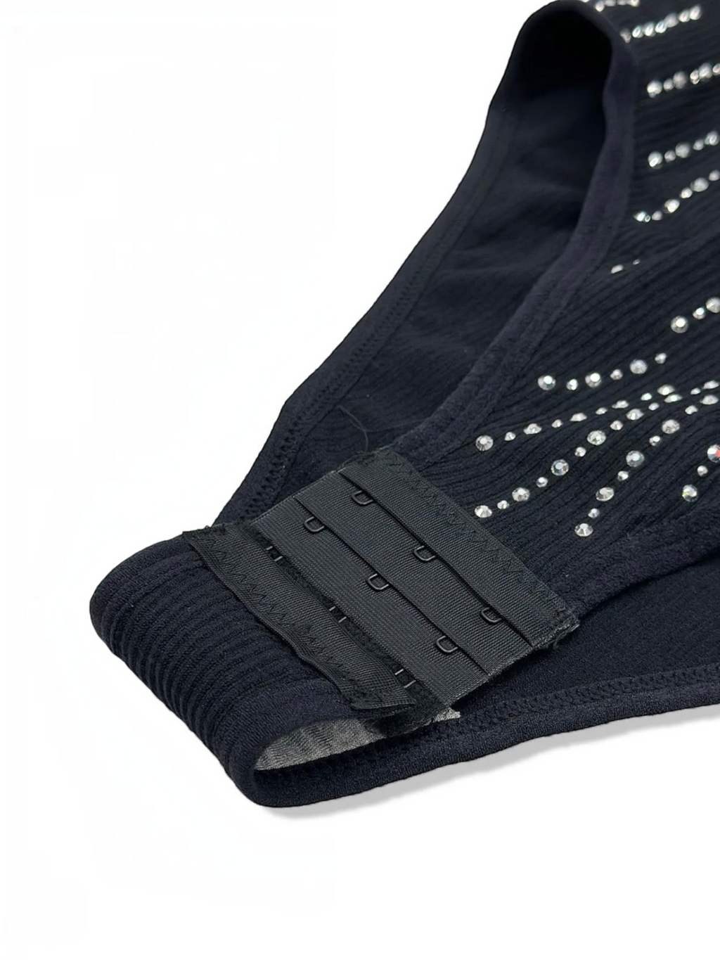 BROCK BELLE COM'ELLE black ribbed bodysuit featuring sparkling rhinestone details and a hook-and-eye closure