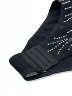 BROCK BELLE COM'ELLE black ribbed bodysuit featuring sparkling rhinestone details and a hook-and-eye closure