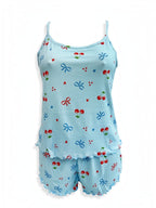 BROCK BELLE COM'ELLE light blue ribbed pajama set with cherry and bow print, featuring a camisole and shorts.