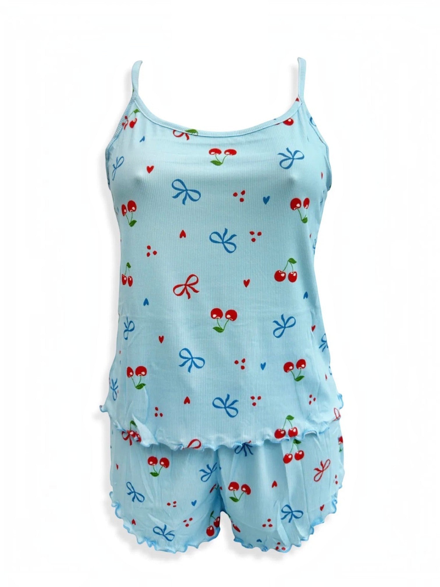 BROCK BELLE COM'ELLE light blue ribbed pajama set with cherry and bow print, featuring a camisole and shorts.
