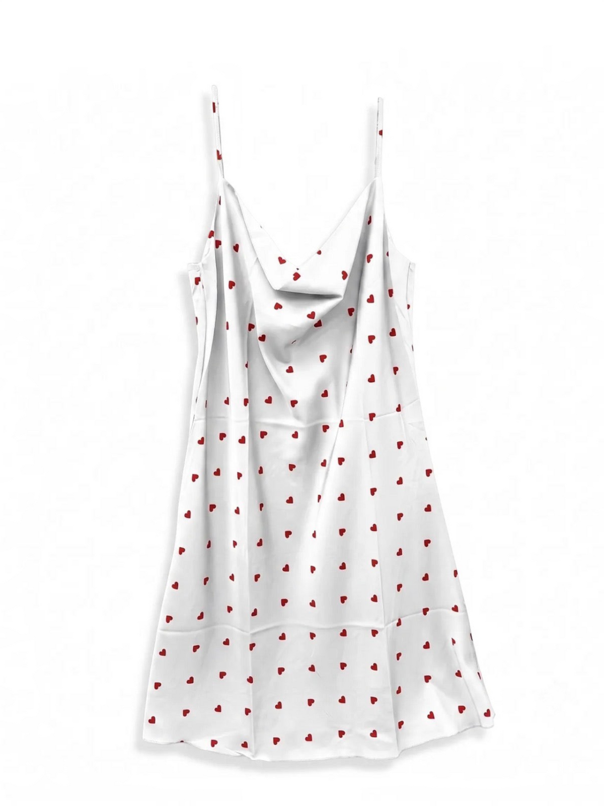 BELLE COM'ELLE by BROCK white satin nightie with red heart print, cowl neck, and adjustable straps.