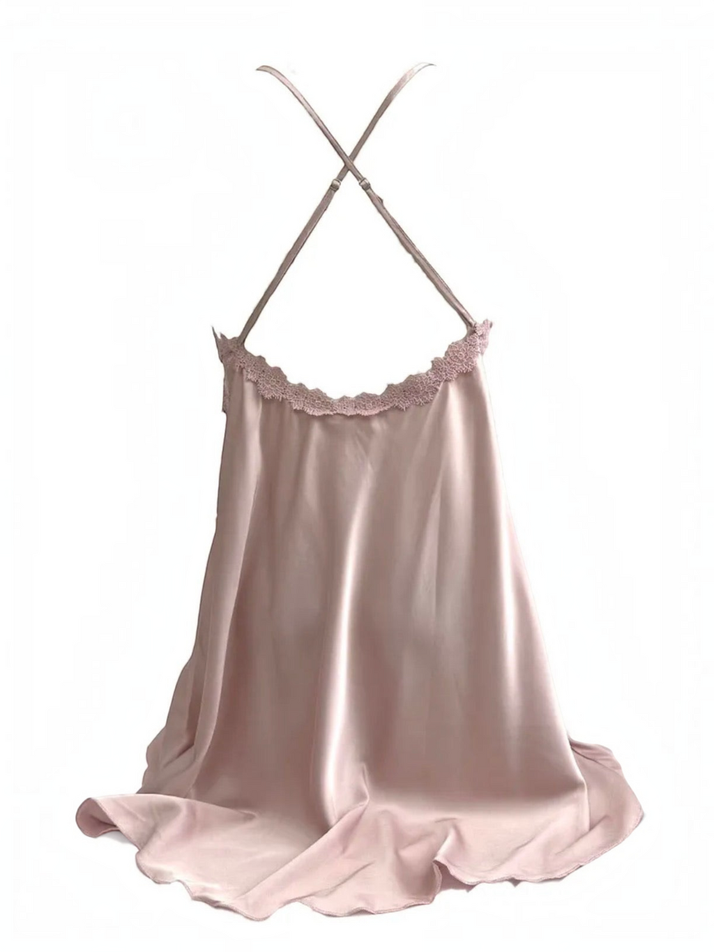 BROCK BELLE COM'ELLE satin nightie in dusty pink with delicate lace trim and adjustable crisscross back straps.