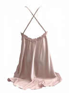 BROCK BELLE COM'ELLE satin nightie in dusty pink with delicate lace trim and adjustable crisscross back straps.