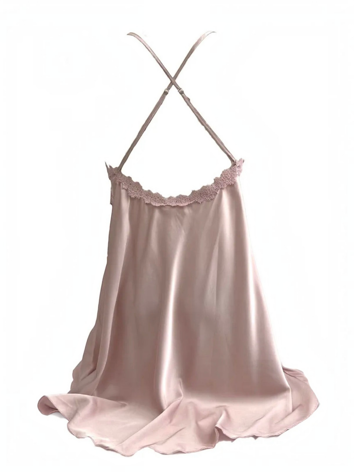 BROCK BELLE COM'ELLE satin nightie in dusty pink with delicate lace trim and adjustable crisscross back straps.