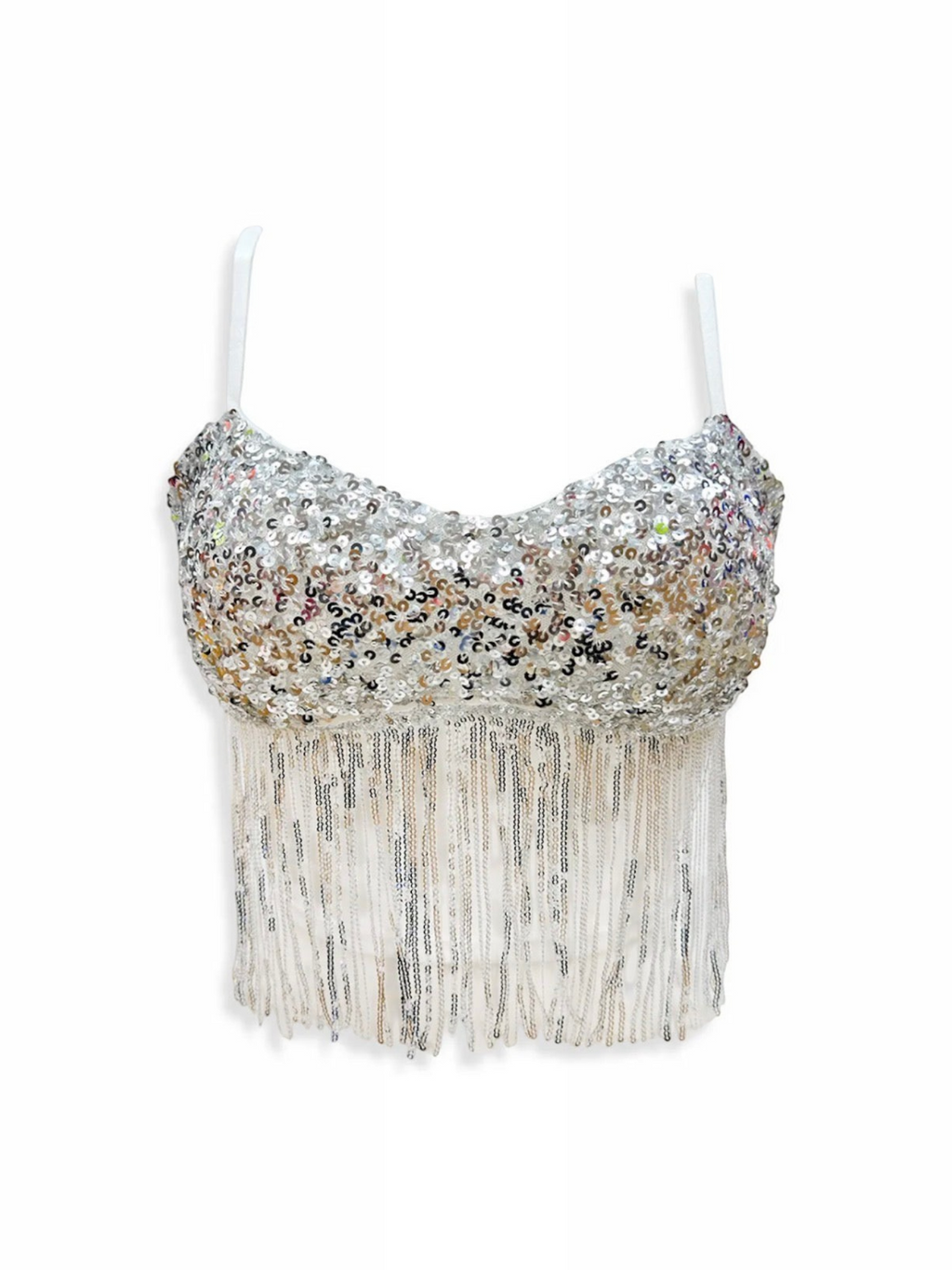 BROCK BELLE COM'ELLE silver sequin bralette with dangling fringe detail and adjustable straps for festive events