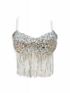 BROCK BELLE COM'ELLE silver sequin bralette with dangling fringe detail and adjustable straps for festive events