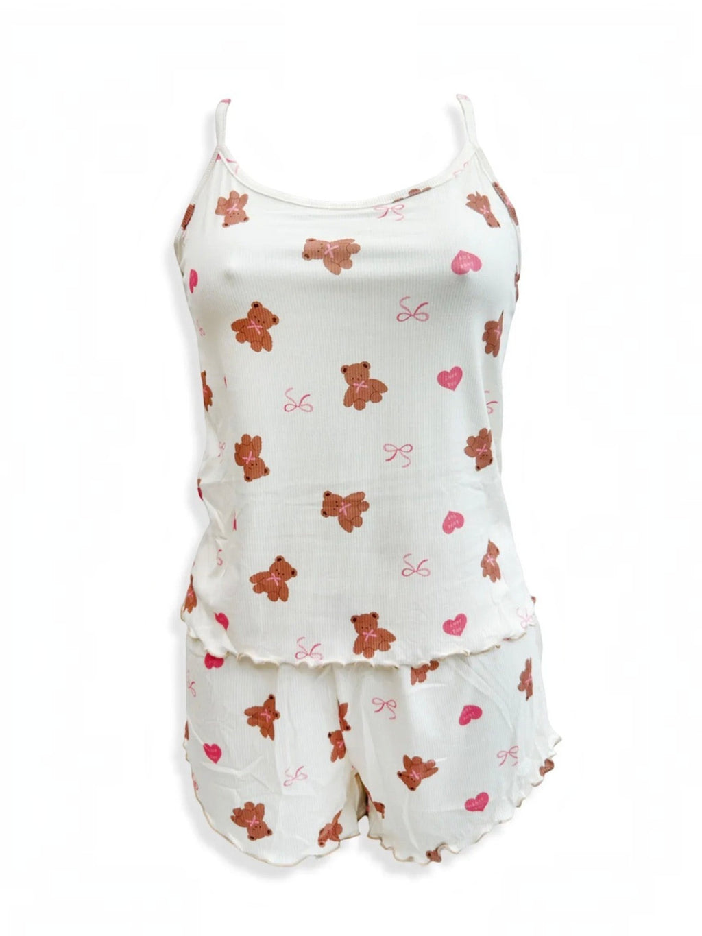 BROCK BELLE COM'ELLE two-piece pajama set in cream with brown teddy bear and pink heart print, ribbed fabric.