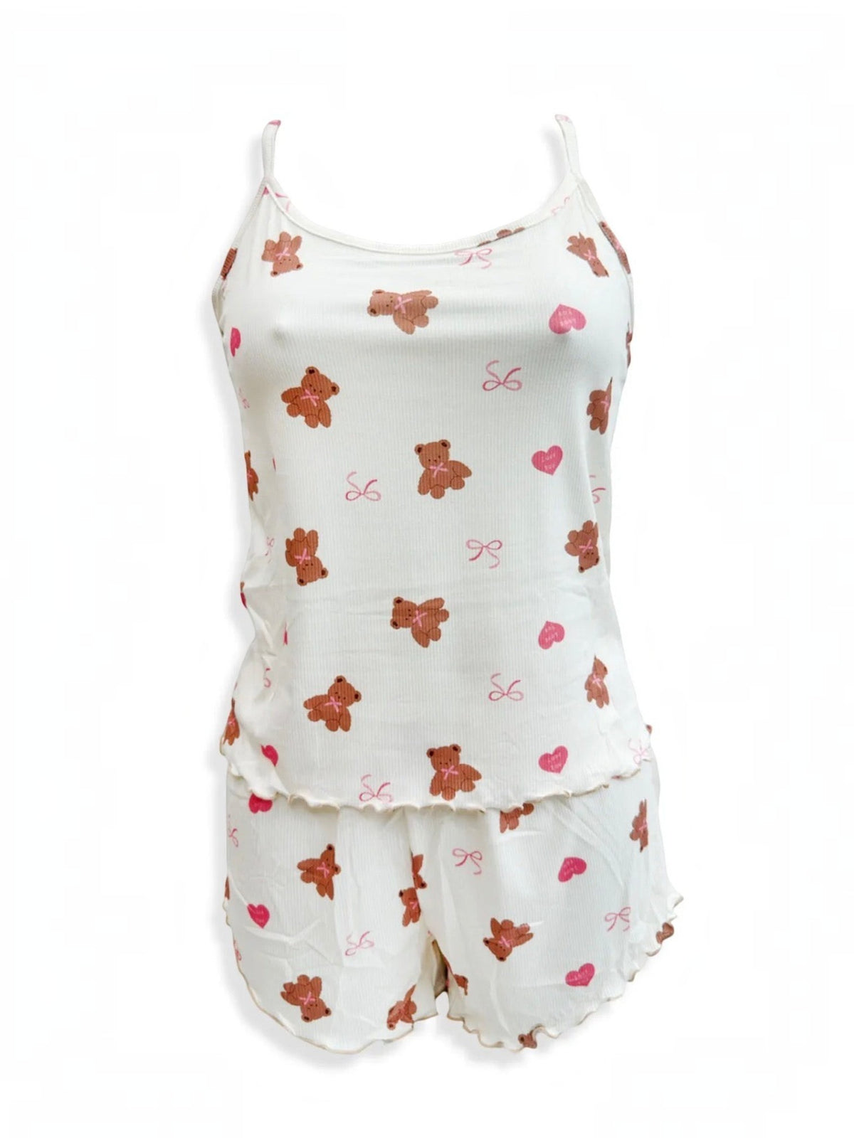 BROCK BELLE COM'ELLE two-piece pajama set in cream with brown teddy bear and pink heart print, ribbed fabric.
