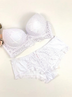 BROCK BELLE COM'ELLE white lace bra and panty set with C cup, featuring intricate floral embroidery and soft fabric.