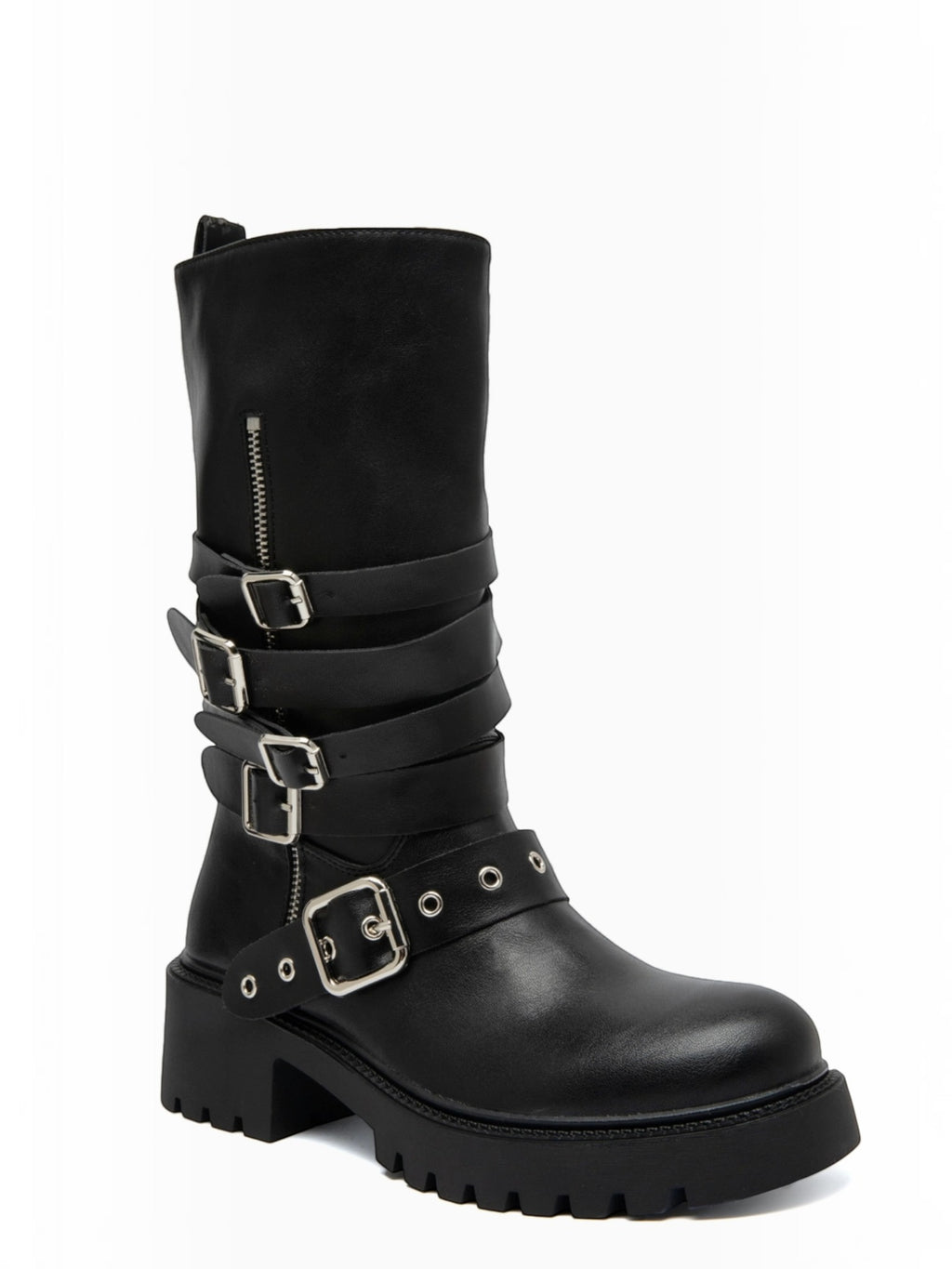 BROCK black rock-style mid-calf boots with adjustable buckle straps, metal hardware, and a thick lug sole.