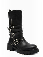 BROCK black rock-style mid-calf boots with adjustable buckle straps, metal hardware, and a thick lug sole.