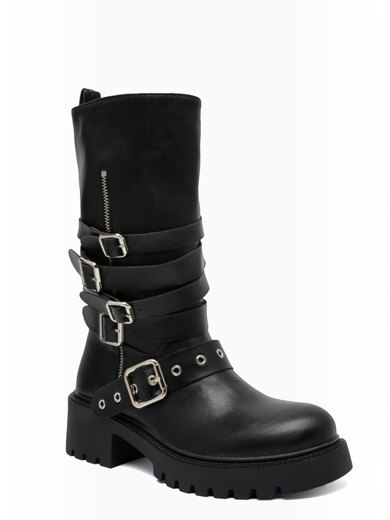 BROCK black rock-style mid-calf boots with adjustable buckle straps, metal hardware, and a thick lug sole.