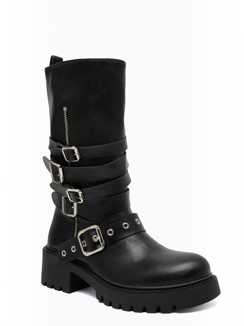 BROCK black rock-style mid-calf boots with adjustable buckle straps, metal hardware, and a thick lug sole.