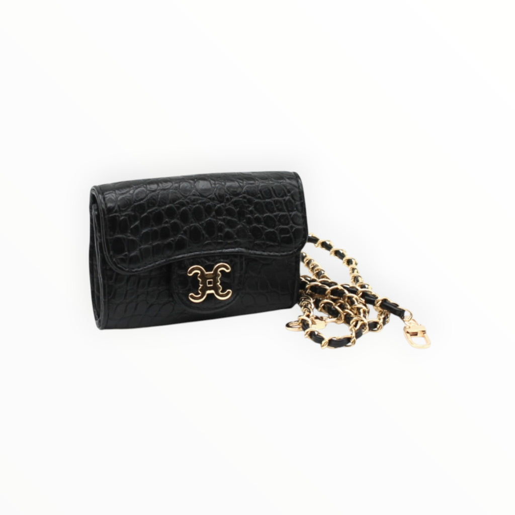 BROCK black mini crossbody bag in faux crocodile leather with gold chain strap and C.Clo logo emblem