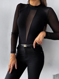 BROCK long-sleeve black bodysuit with a mock neck and sheer mesh panels on the chest and sleeves