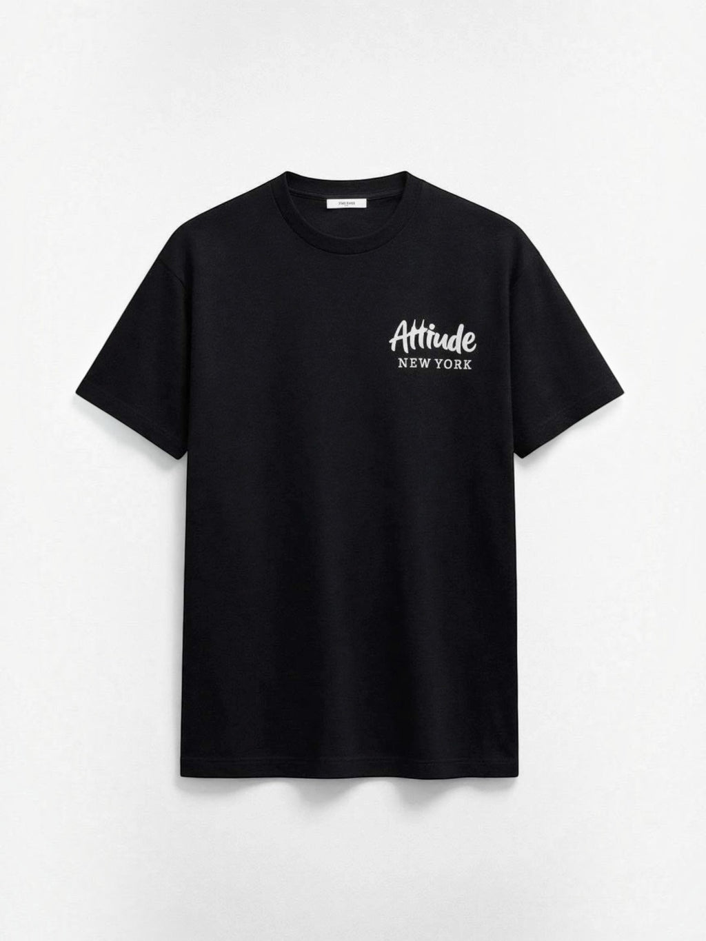 BROCK black cotton t-shirt with white New York graphic print on the chest, featuring a casual crew neck design.