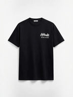 BROCK black cotton t-shirt with white New York graphic print on the chest, featuring a casual crew neck design.