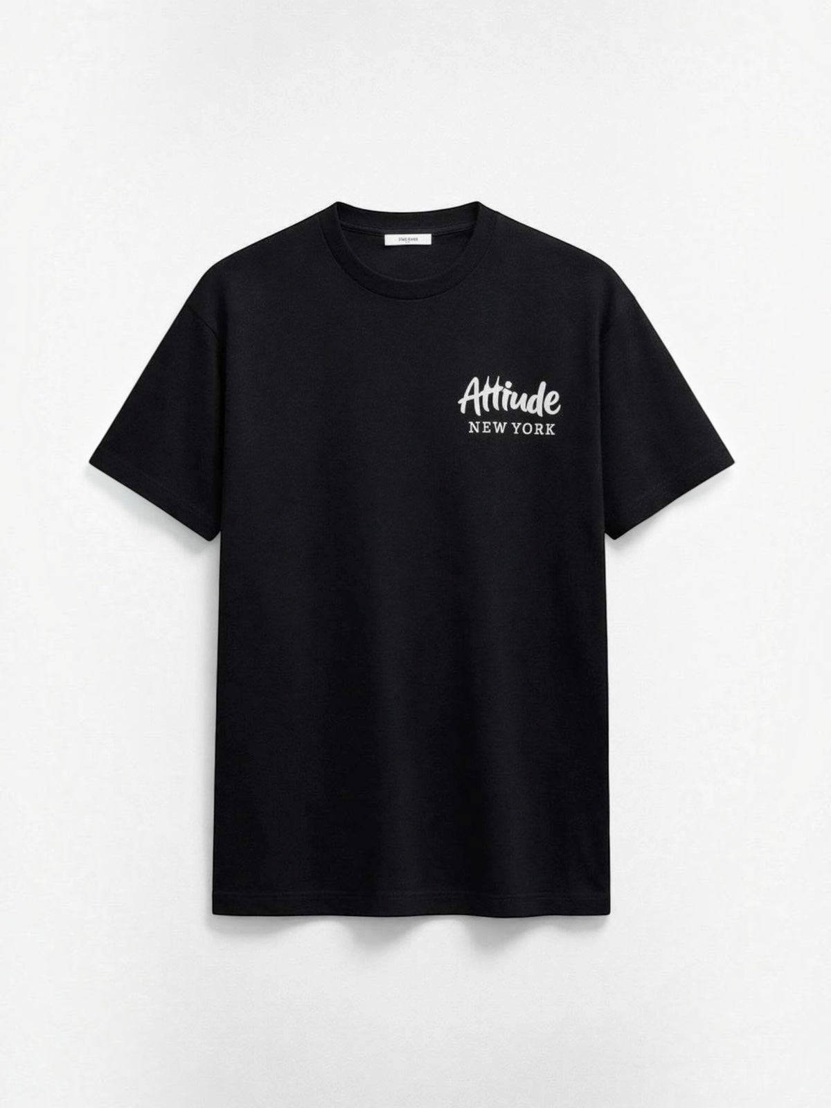 BROCK black cotton t-shirt with white New York graphic print on the chest, featuring a casual crew neck design.
