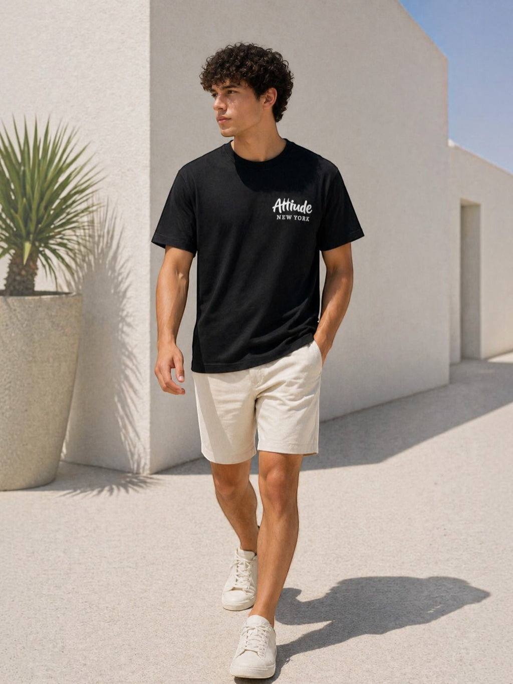 BROCK black cotton t-shirt with New York graphic, worn by a man with curly hair in a modern outdoor setting