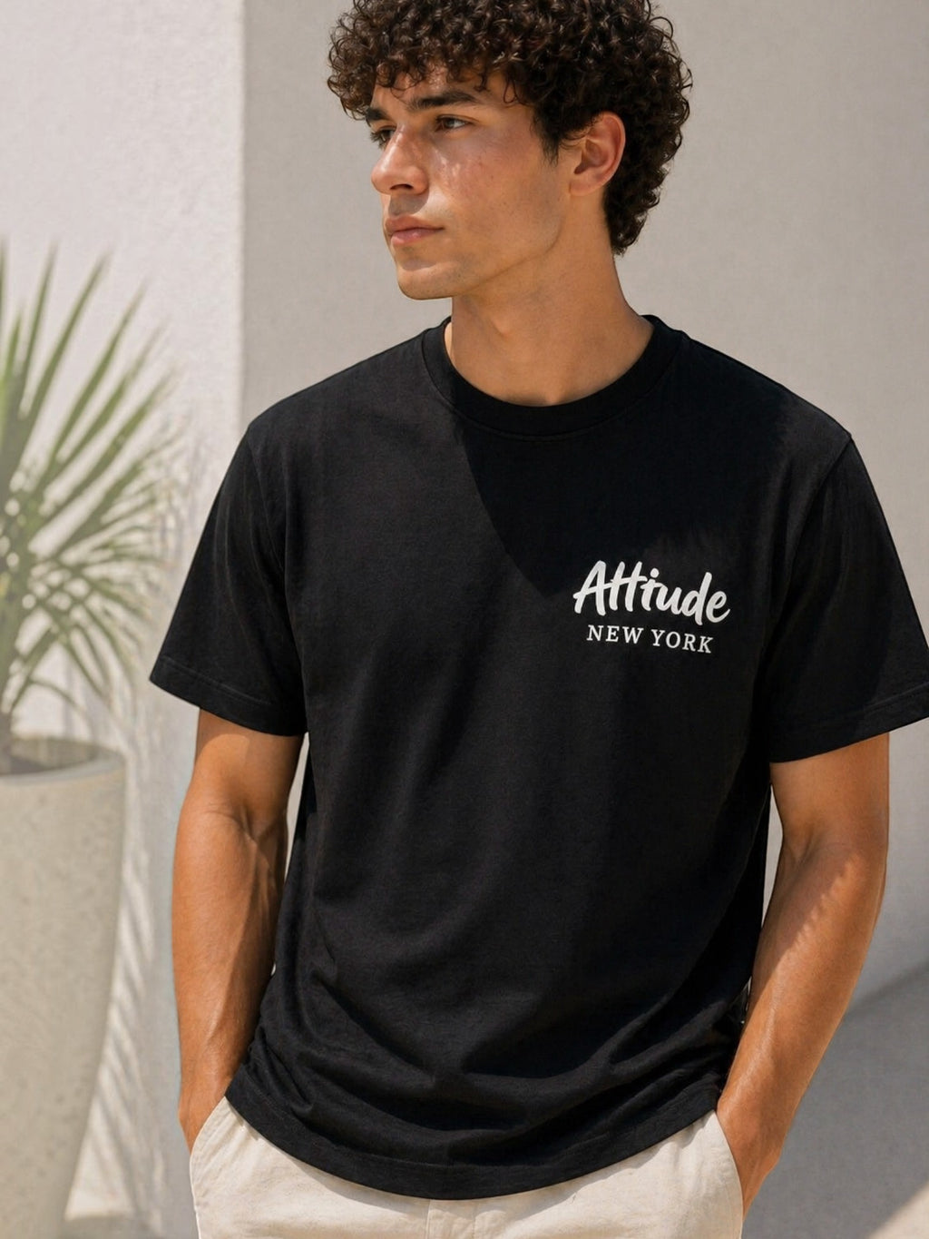 BROCK men's black cotton t-shirt with white Attitude New York chest print, worn by a model in a casual setting.