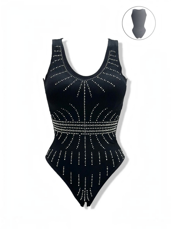 BROCK black ribbed bodysuit with decorative rhinestone patterns, scoop neckline, and high-cut leg design.