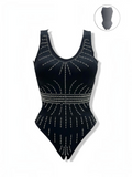 BROCK black ribbed bodysuit with decorative rhinestone patterns, scoop neckline, and high-cut leg design.