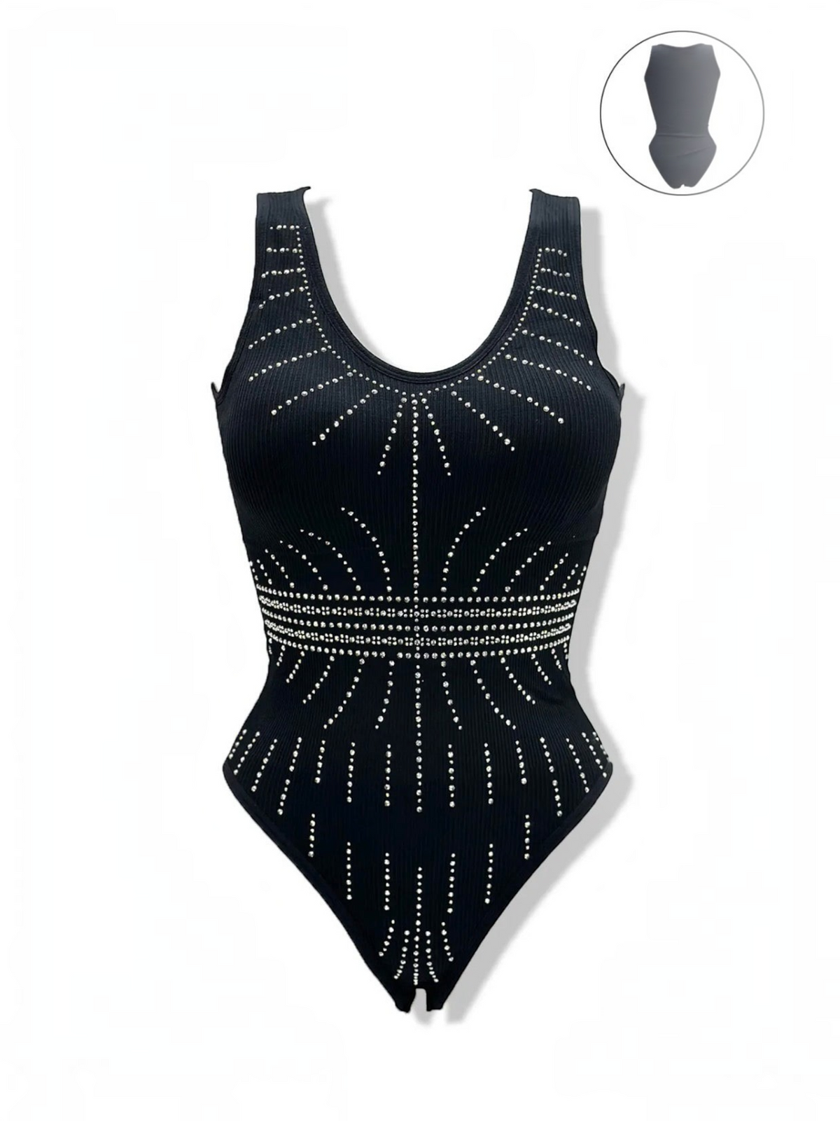 BROCK black ribbed bodysuit with decorative rhinestone patterns, scoop neckline, and high-cut leg design.