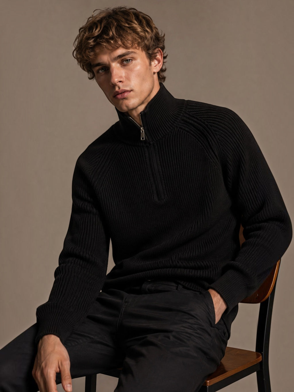 BROCK men's black ribbed knit sweater with a high collar and half-zip, featuring raglan sleeves on a seated model.