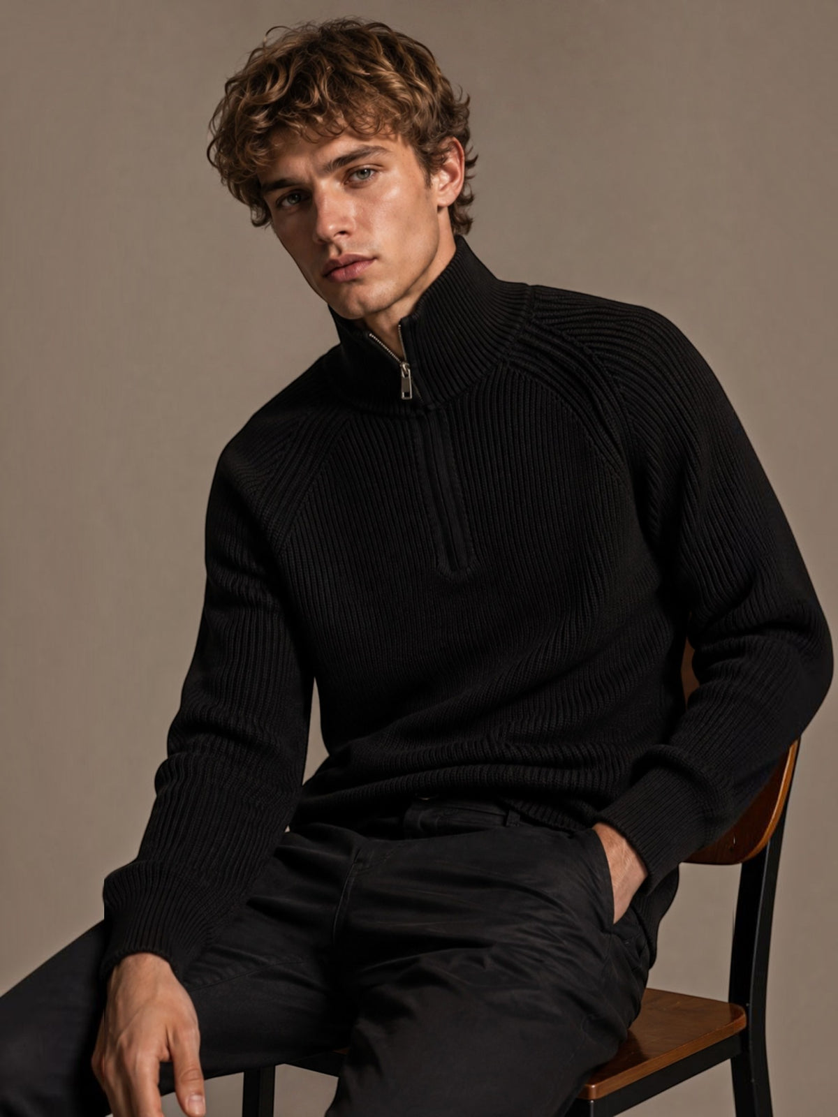 BROCK men's black ribbed knit sweater with a high collar and half-zip, featuring raglan sleeves on a seated model.
