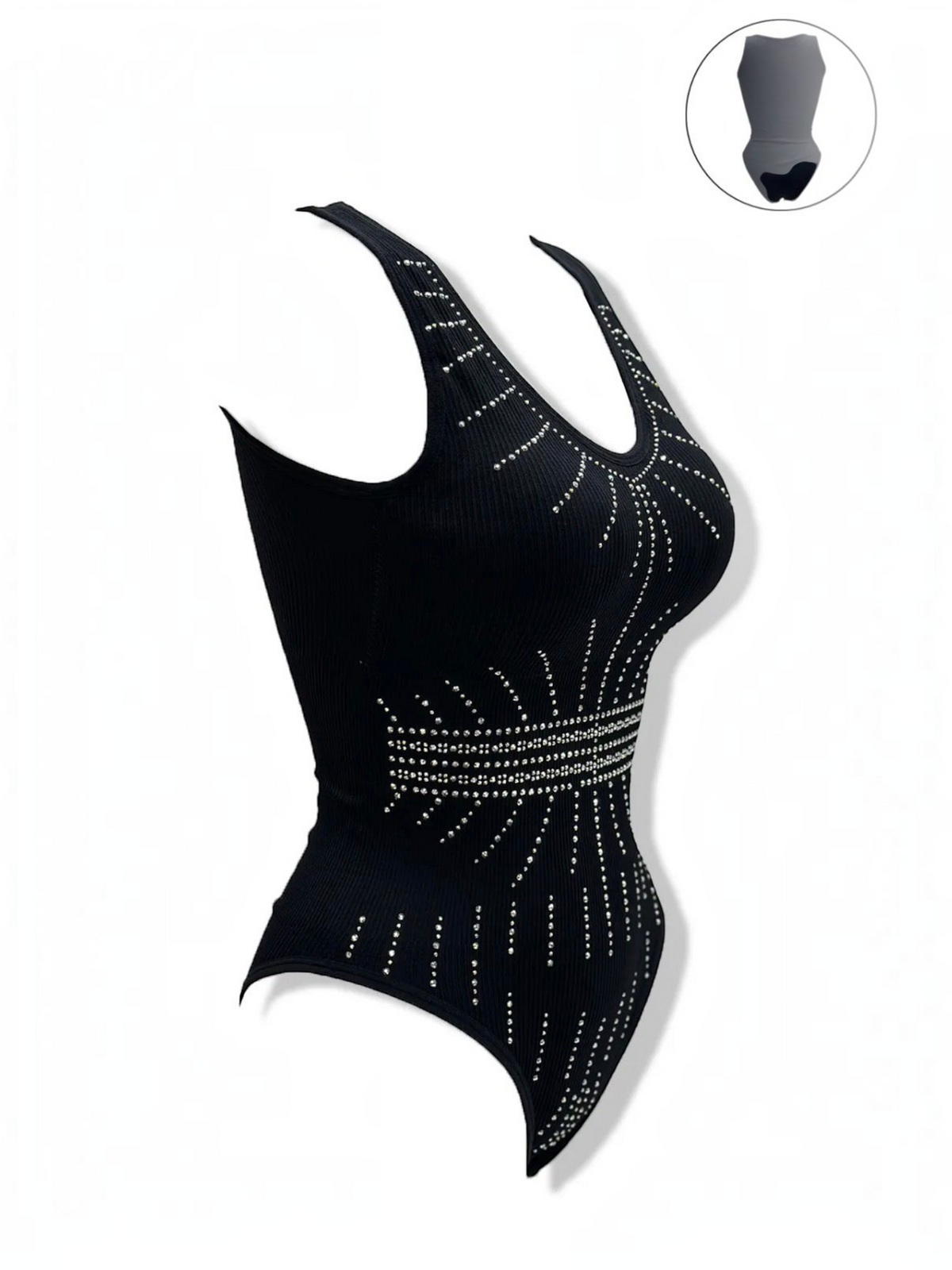 BROCK black ribbed bodysuit with decorative rhinestone patterns, featuring a scoop neck and high-cut leg design.