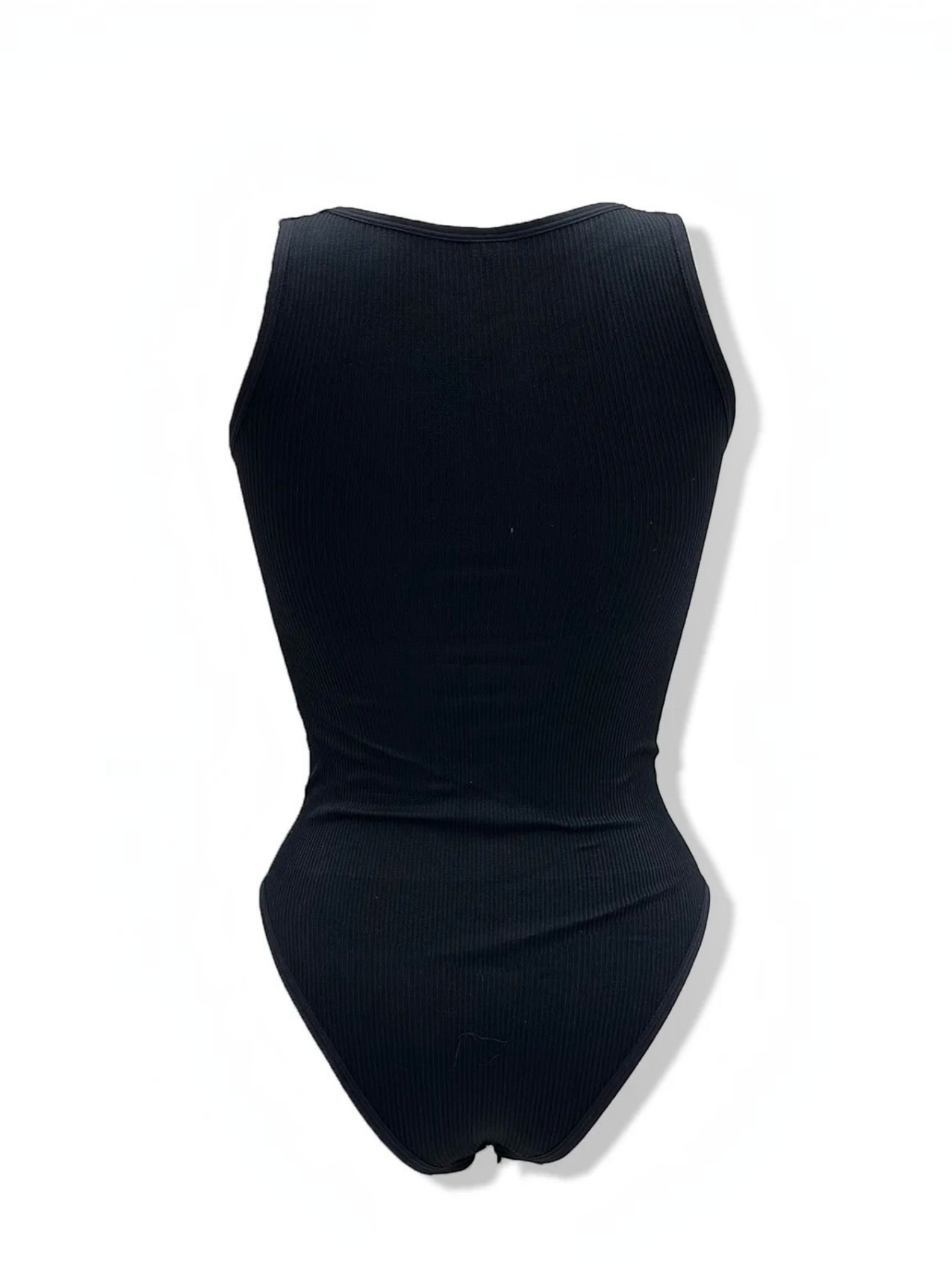 BROCK black ribbed bodysuit with rhinestone details, featuring a fitted silhouette and removable cups.