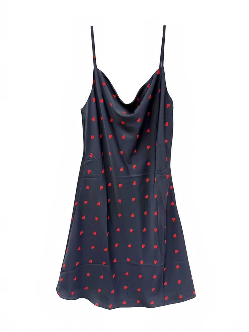BROCK satin nightie in black with red heart print, featuring a cowl neckline and adjustable spaghetti straps.