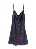 BROCK satin nightie in black with red heart print, featuring a cowl neckline and adjustable spaghetti straps.