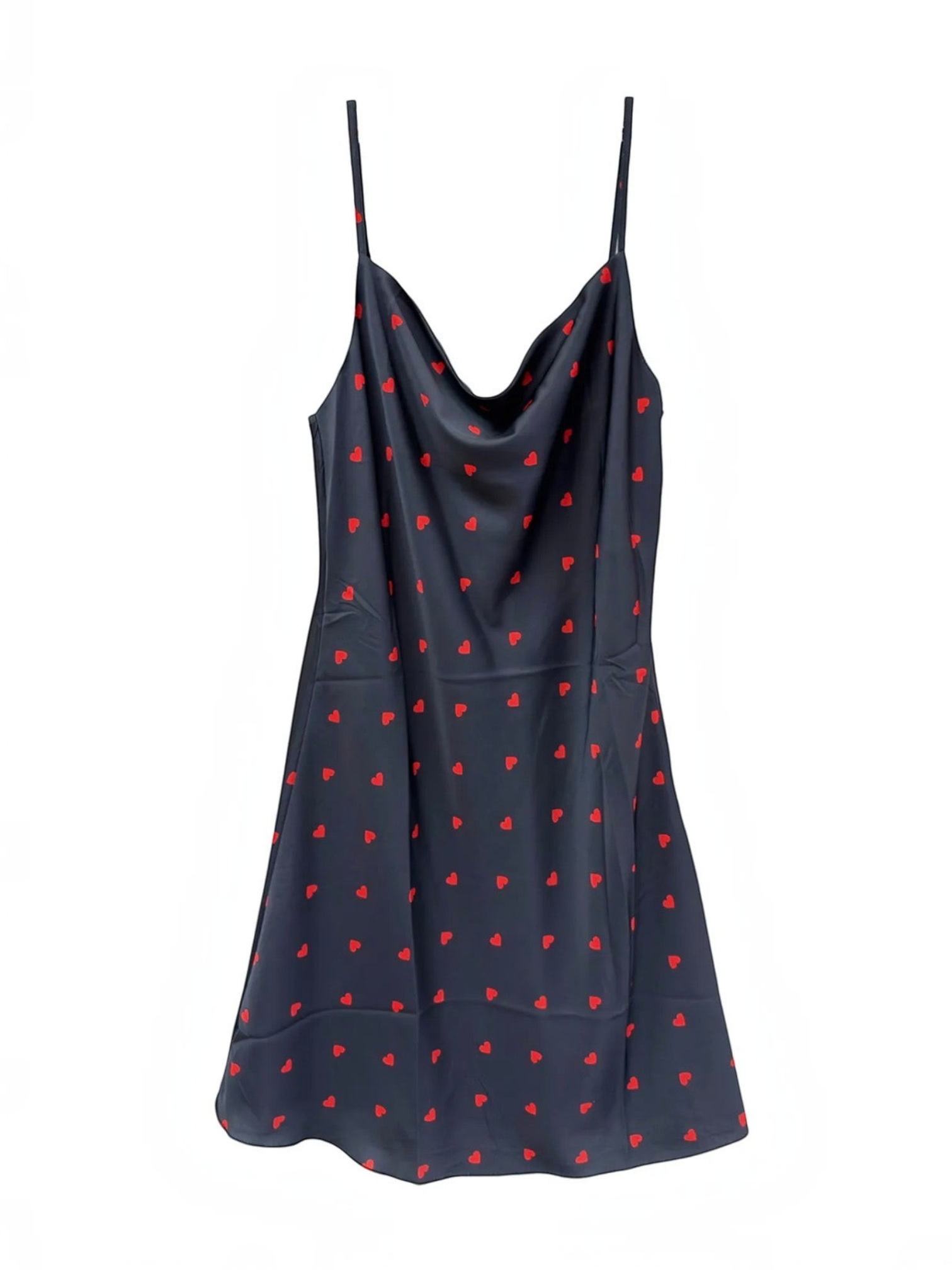 BROCK satin nightie in black with red heart print, featuring a cowl neckline and adjustable spaghetti straps.