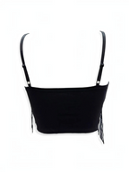 BROCK black sequin crop top with adjustable straps and hanging fringe detail for festive evening wear