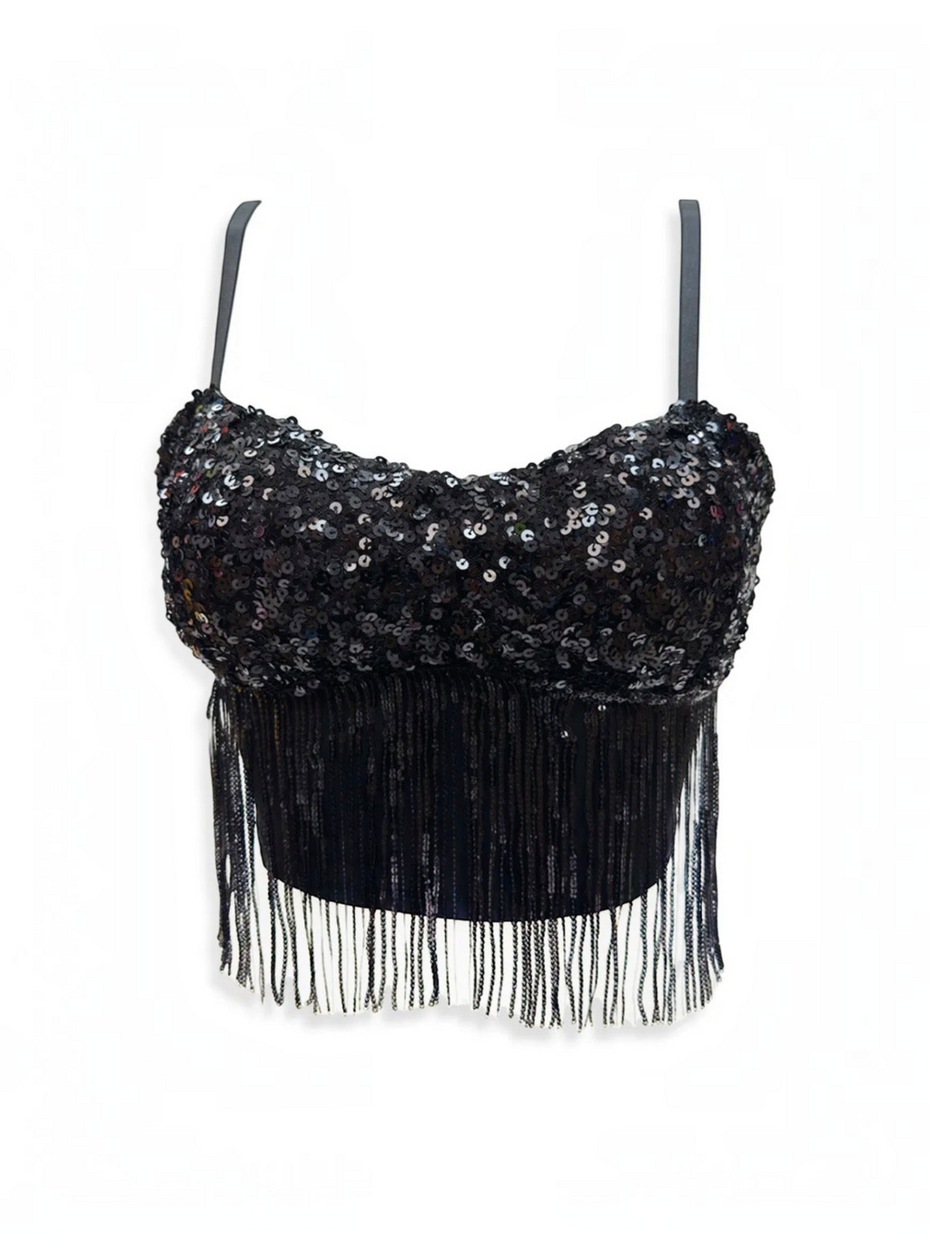 BROCK black sequin crop top with adjustable straps and hanging fringe detail for festive evening wear